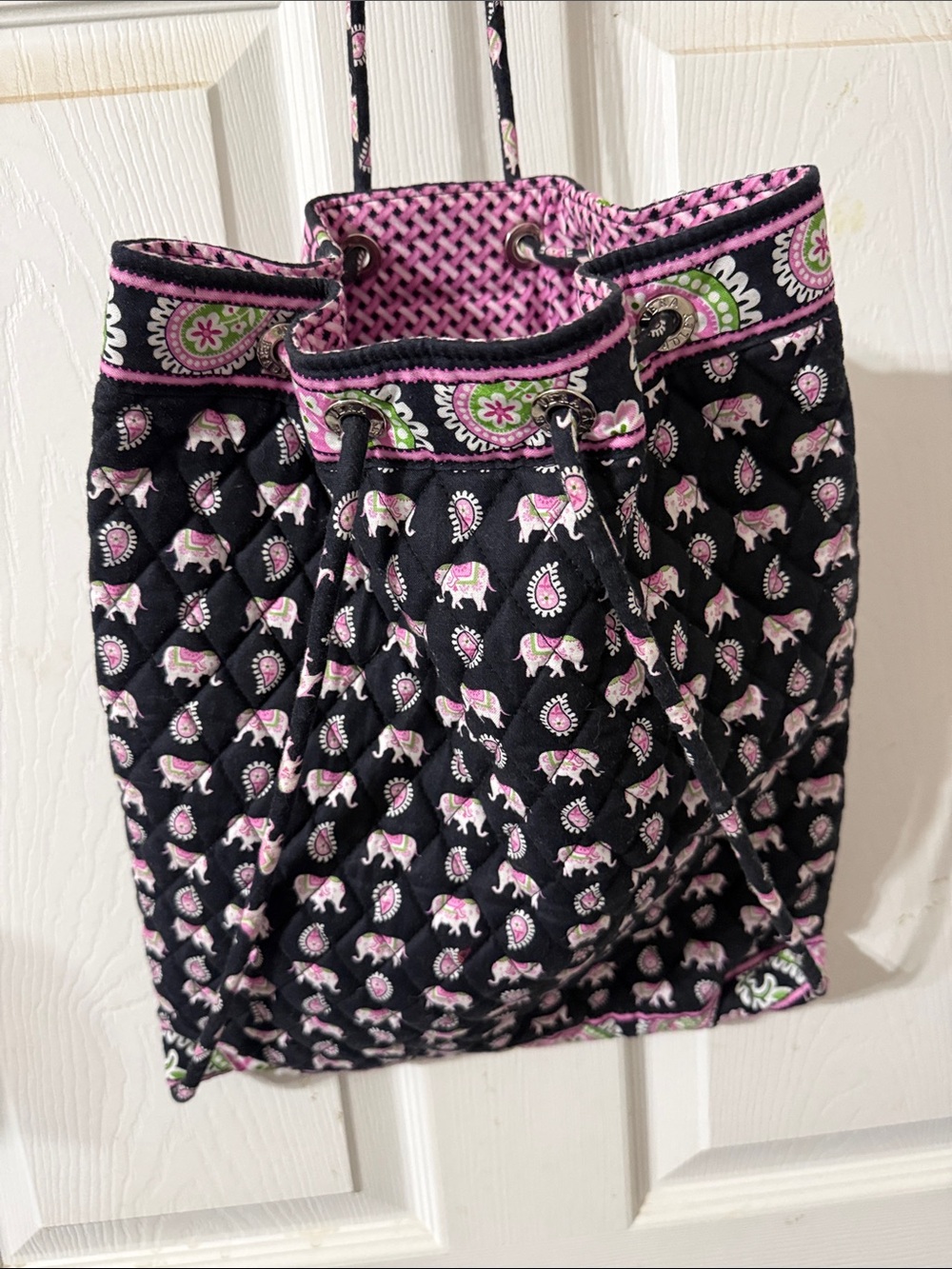 Vera Bradley Black Pink Elephant Quilted Drawstring Backpack